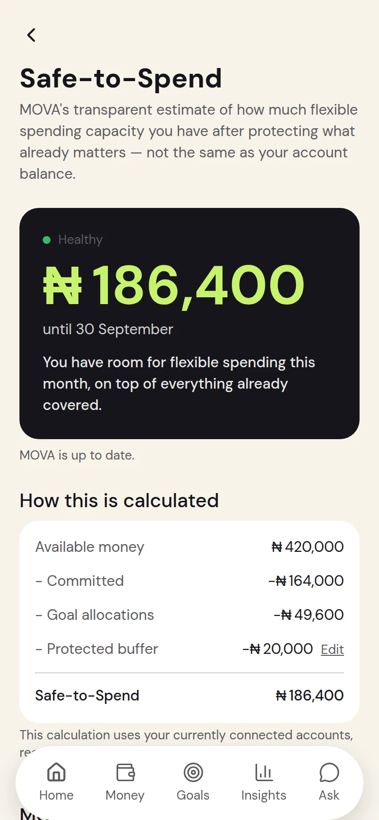 The Safe-to-Spend screen