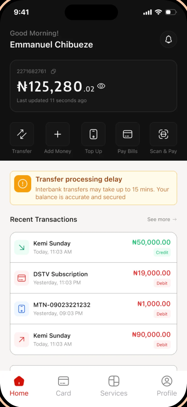 The redesigned UBA home with balance, quick actions and recent transactions