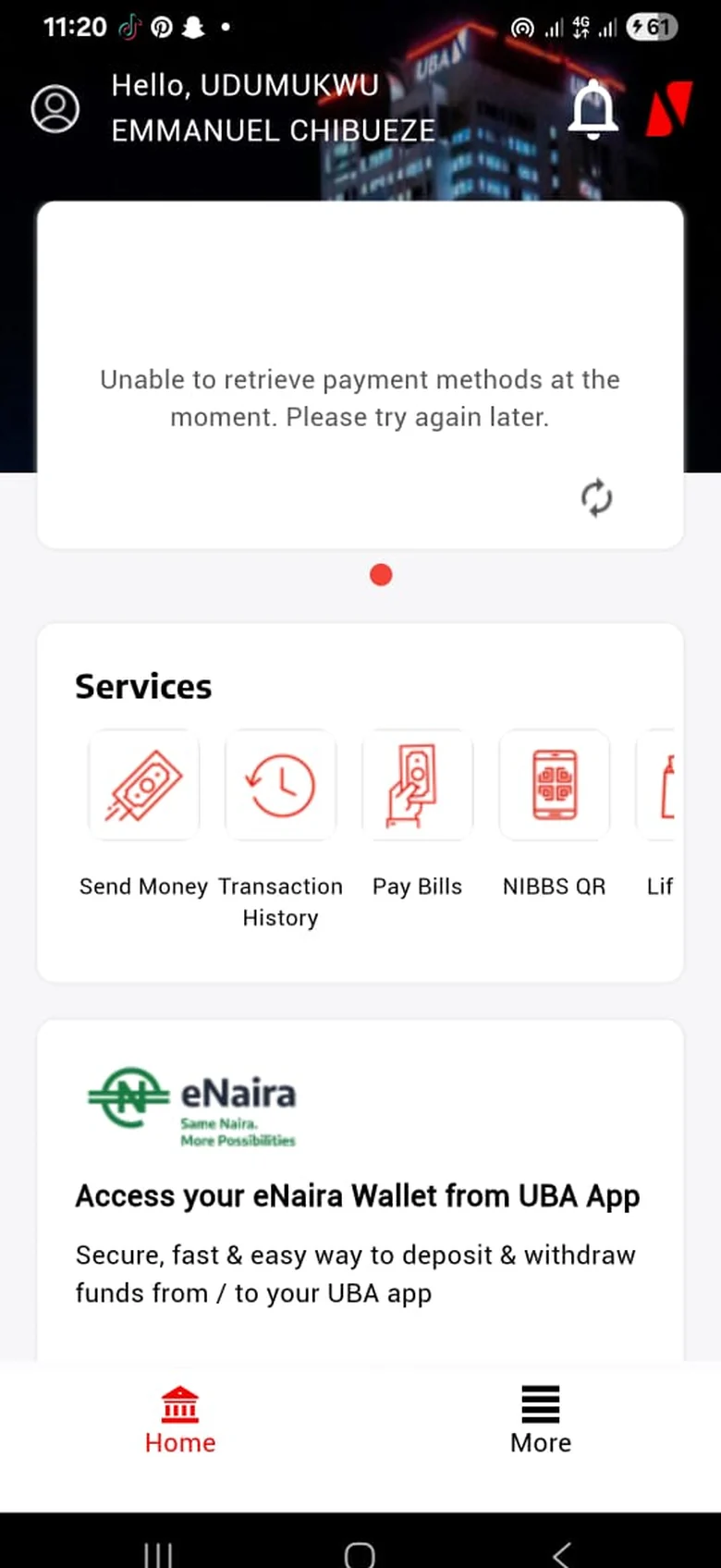 The existing UBA home screen with an error card and a sideways services row