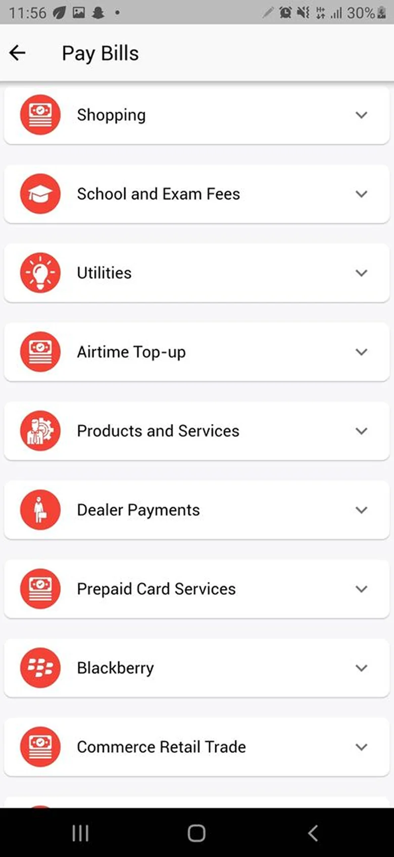Existing Pay Bills screen with a list of categories