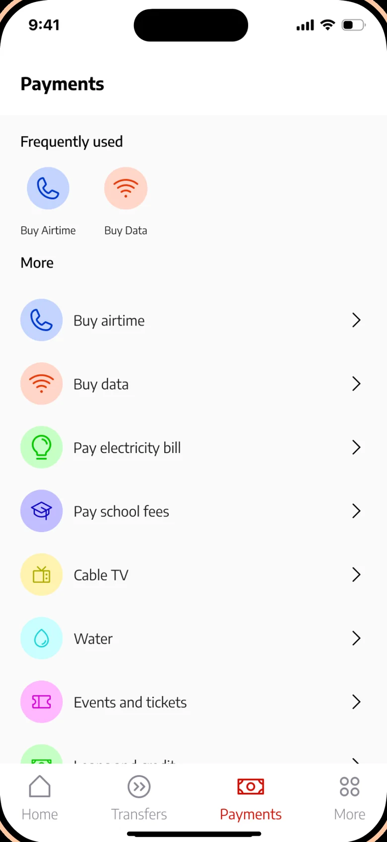 Redesigned Payments screen with frequently used actions