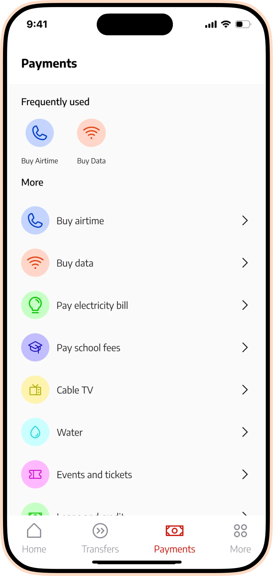 Redesigned Payments screen