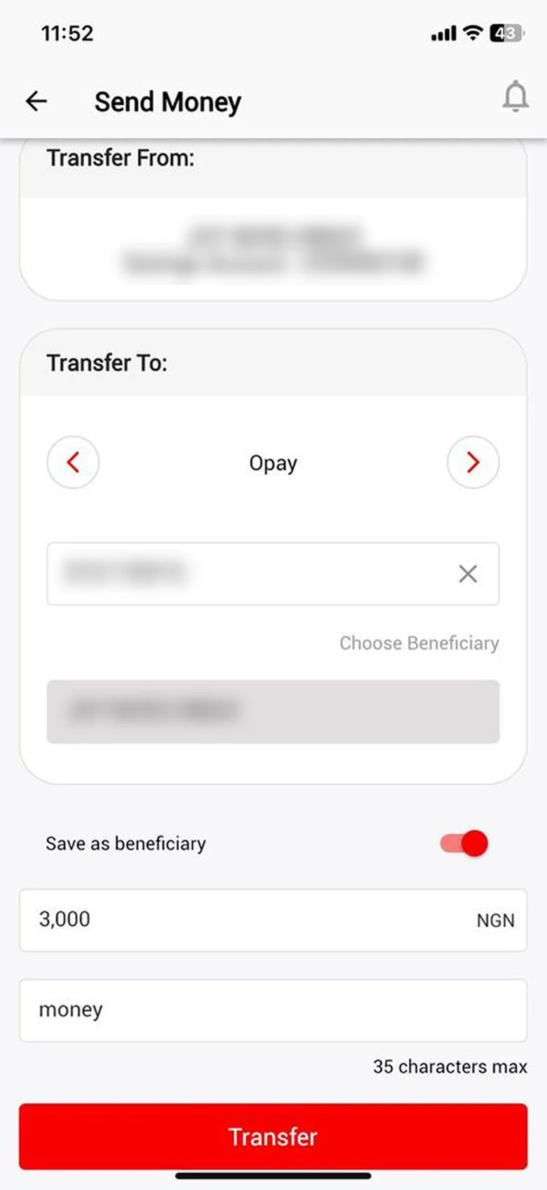 Existing Send Money screen with a bank carousel; personal details blurred