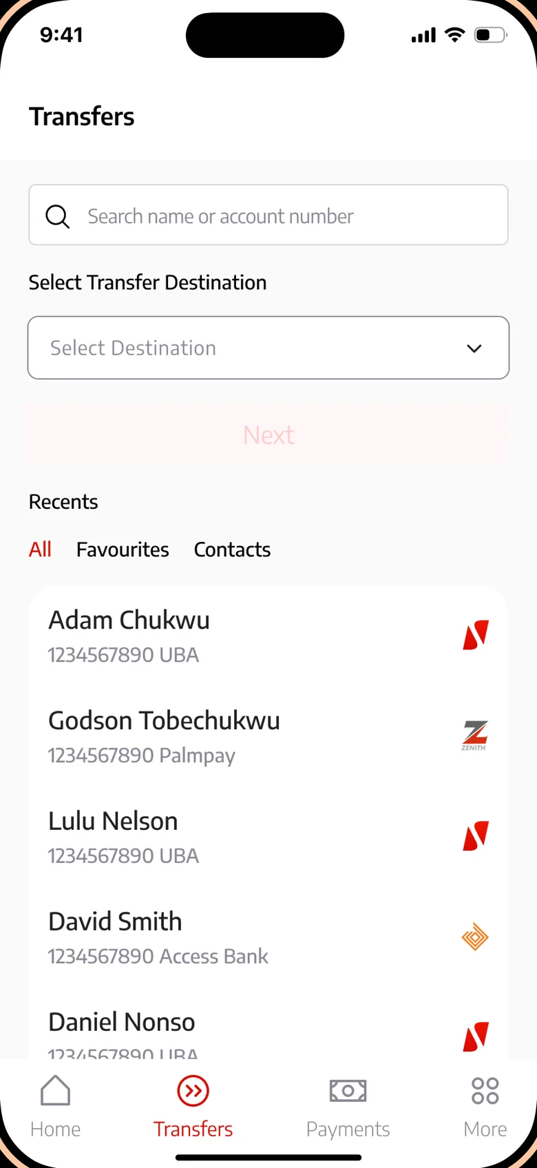 Redesigned Transfers screen with search and recent recipients