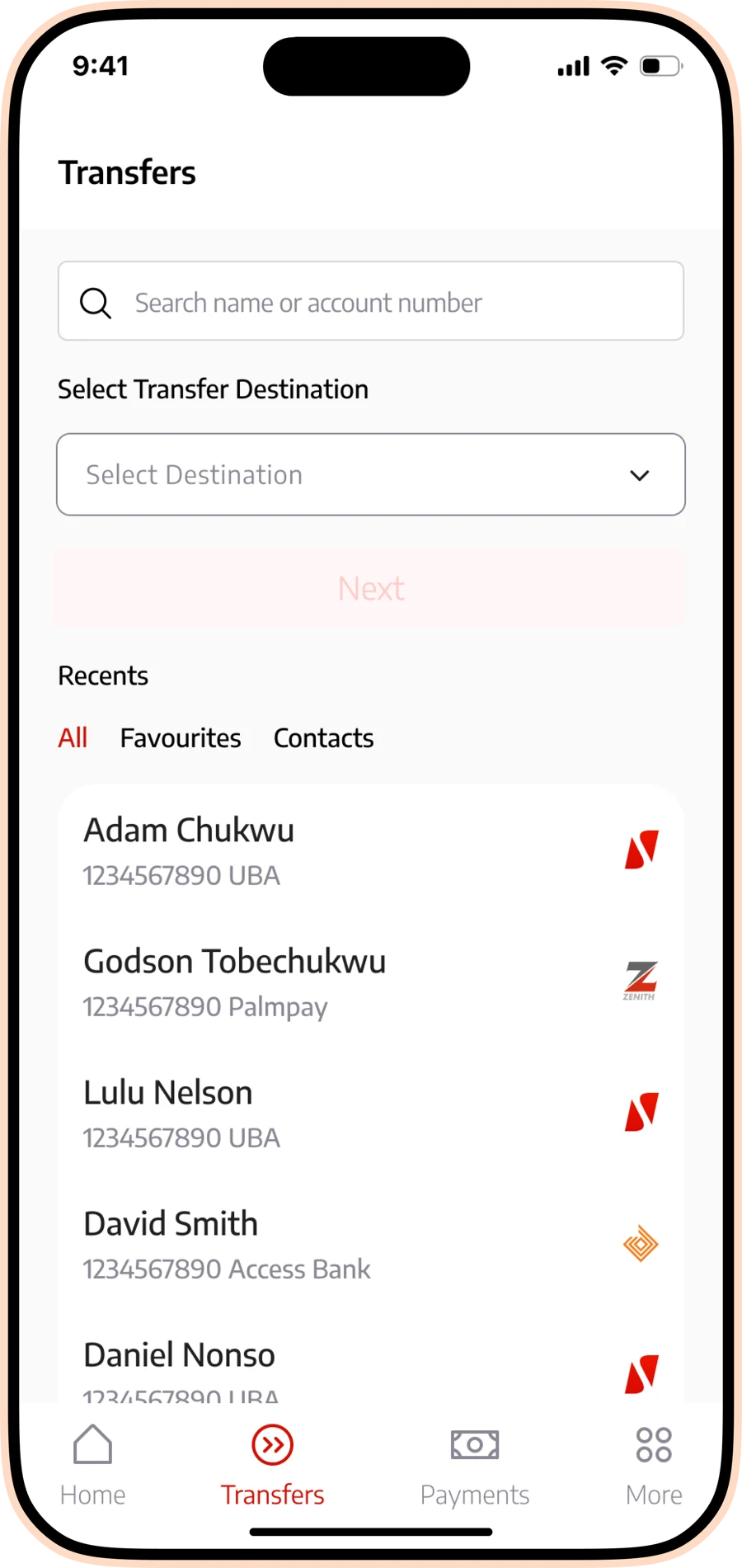 Redesigned Transfers screen