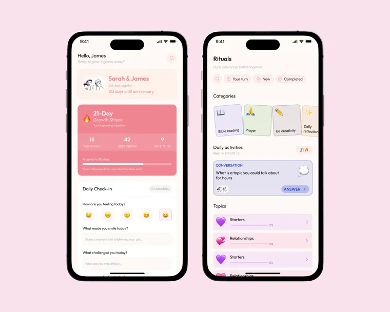 Couples app: a shared growth streak with a daily check-in, and a rituals screen with conversation prompts