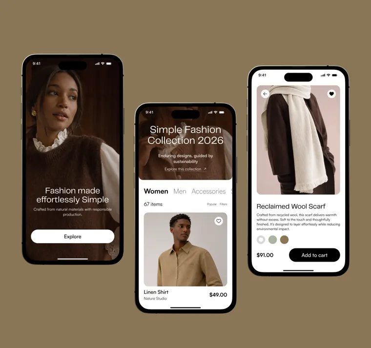 Sustainable fashion store: welcome, collection and product detail