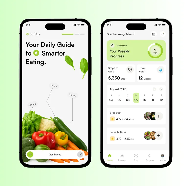 FitBite nutrition app: onboarding and a daily intake dashboard