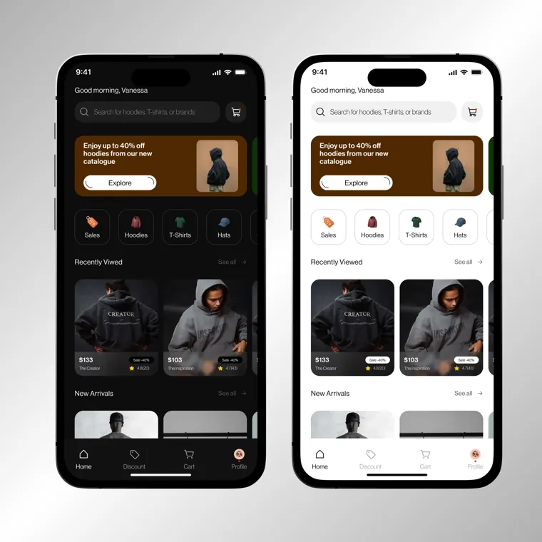 Streetwear store home in dark and light mode