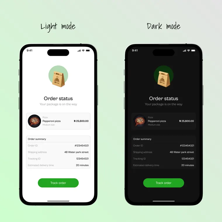 Food order status in light and dark mode, priced in naira