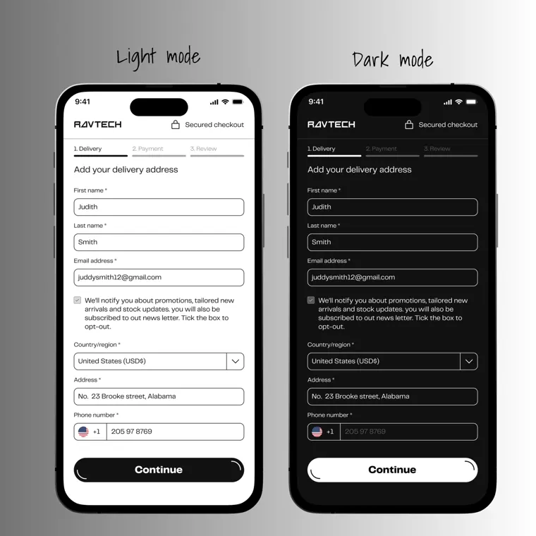 RAVTECH secure checkout, delivery step, in light and dark mode