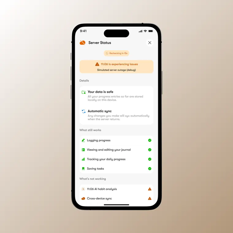 Server status sheet explaining what still works during an outage