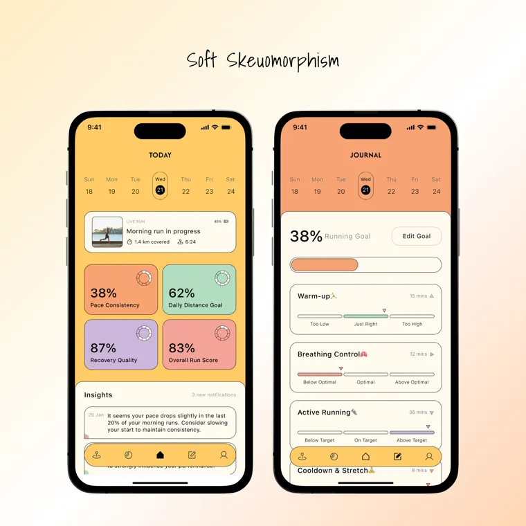 Soft skeuomorphism study for a running app: today's stats and a pacing journal