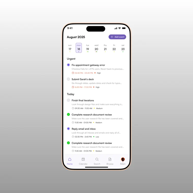 Task calendar grouped into urgent and today