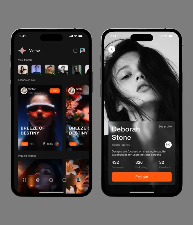 Verse, a social app for live creators: friends feed and a creator profile